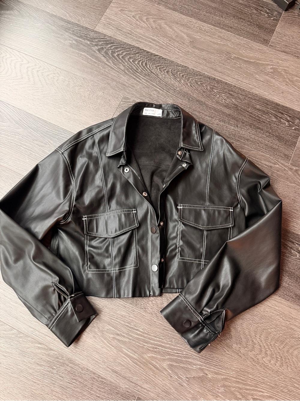 Bershka Black Cropped Faux Leather Jacket